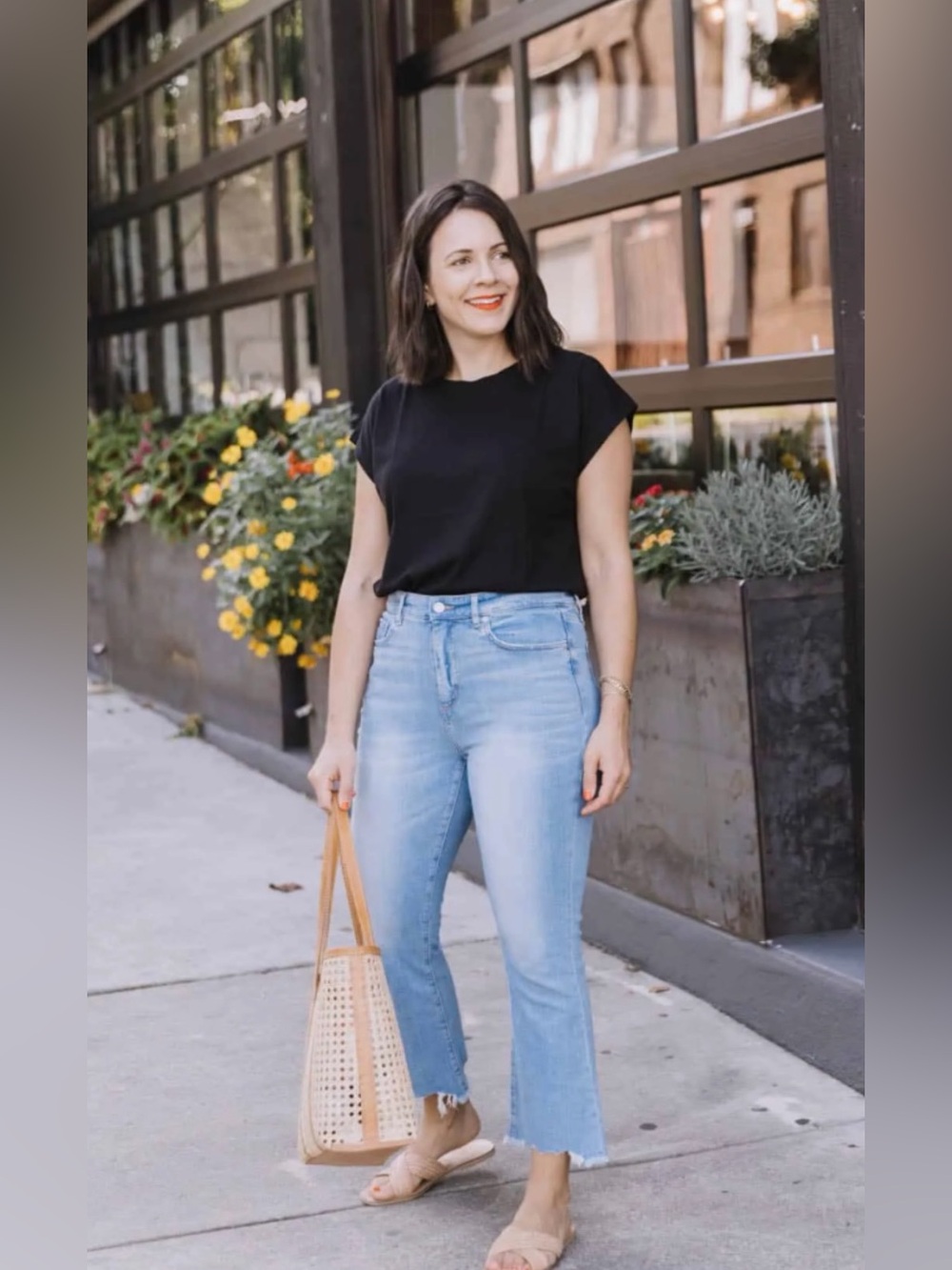 LOFT Light Blue Denim Jeans with Tan Topstitching Fringe Edge